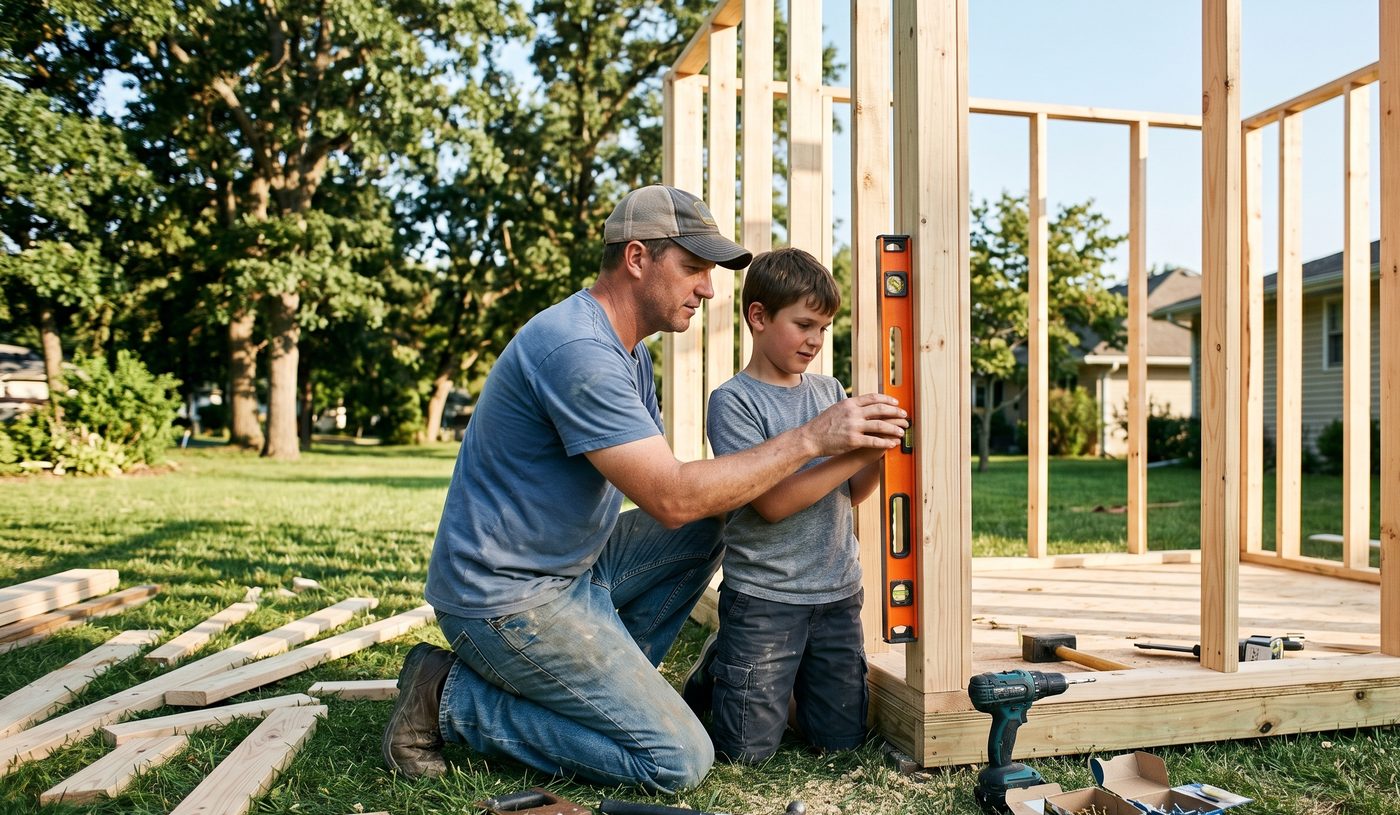 ather and son building wooden shed frame in suburban backyard
